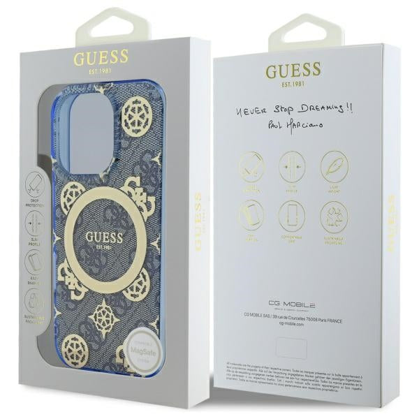 Guess IML Peony On 4G Background MagSafe Case for iPhone 16 Pro - Blue
