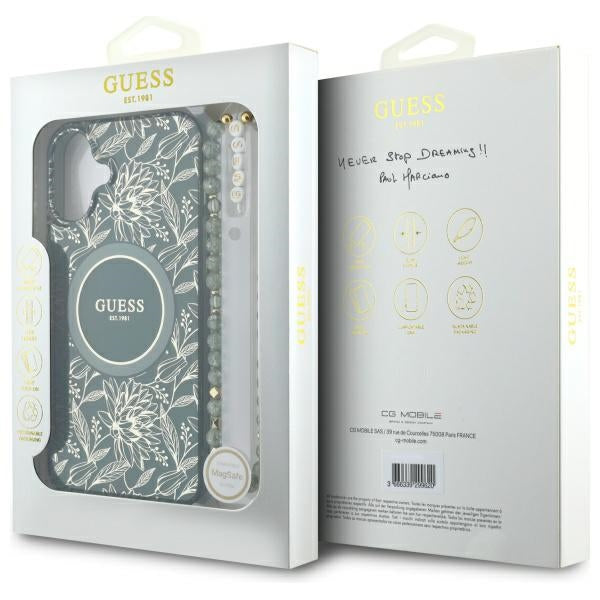 Guess IML Flowers Allover Electro With Pearl Strap MagSafe case for iPhone 16 Plus - green