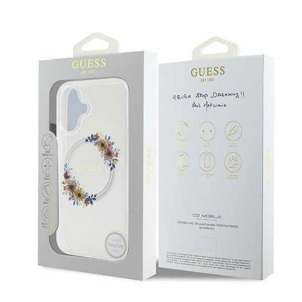 Guess IML Flowers Wreath MagSafe iPhone 16 Plus Case - Clear