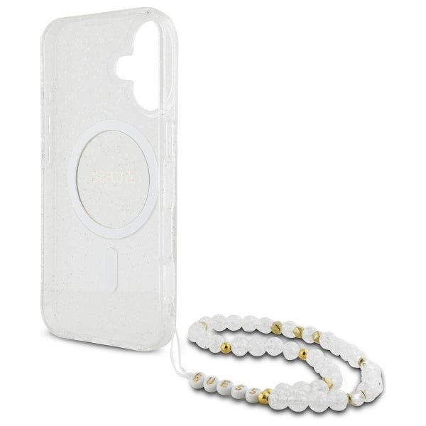 Guess IML Glitter With Pearl Strap MagSafe iPhone 16 Plus Case - Clear