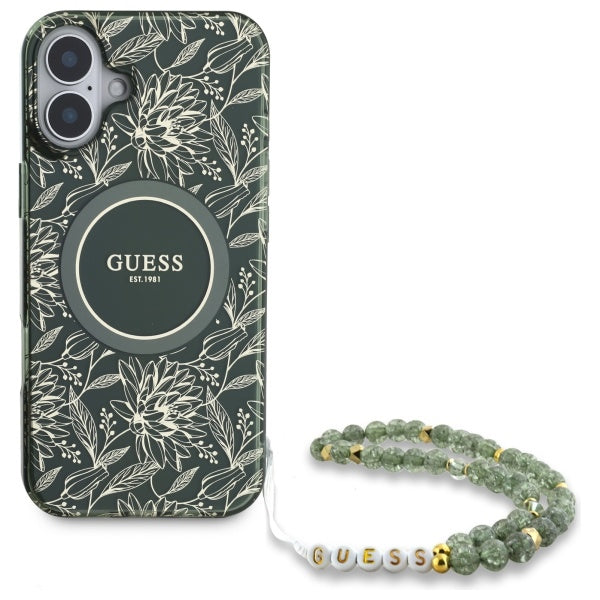 Guess IML Flowers Allover Electro With Pearl Strap MagSafe case for iPhone 16 - green