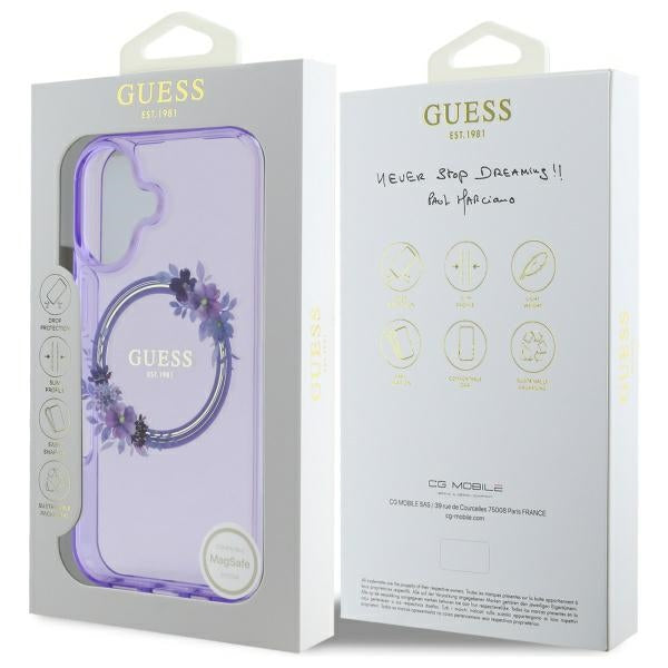 Guess IML Flowers Wreath MagSafe iPhone 16 Case - Purple