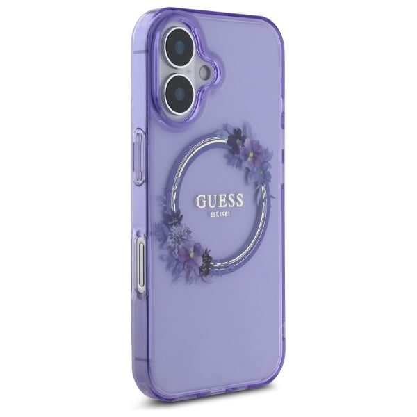 Guess IML Flowers Wreath MagSafe iPhone 16 Case - Purple