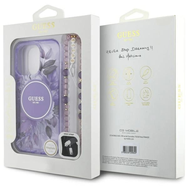 Guess IML Flowers With Pearl Strap MagSafe case for iPhone 16 Pro Max - purple