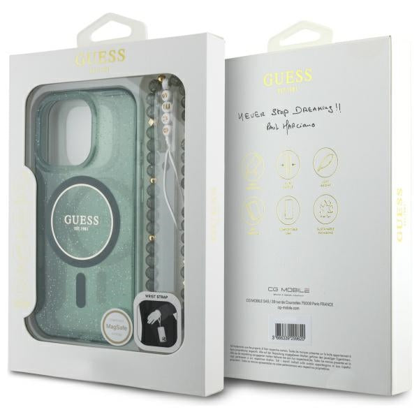 Guess IML Glitter With Pearl Strap MagSafe case for iPhone 16 Pro Max - green