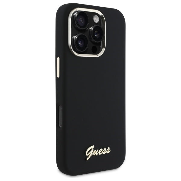Guess Silicone Script Metal Logo &amp; Frame Case for iPhone 16 Pro - Black