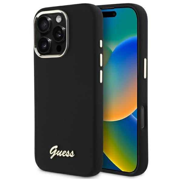 Guess Silicone Script Metal Logo &amp; Frame Case for iPhone 16 Pro - Black