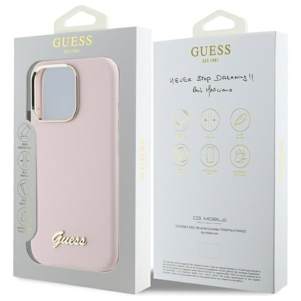Guess Silicone Script Metal Logo &amp; Frame iPhone 16 Pro Case - Pink