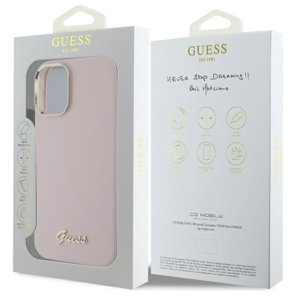 Guess Silicone Script Metal Logo &amp; Frame iPhone 16 Plus Case - Pink