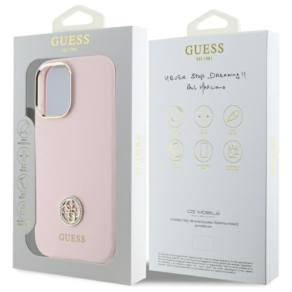 Guess Silicone Logo Strass 4G case for iPhone 16 - light pink