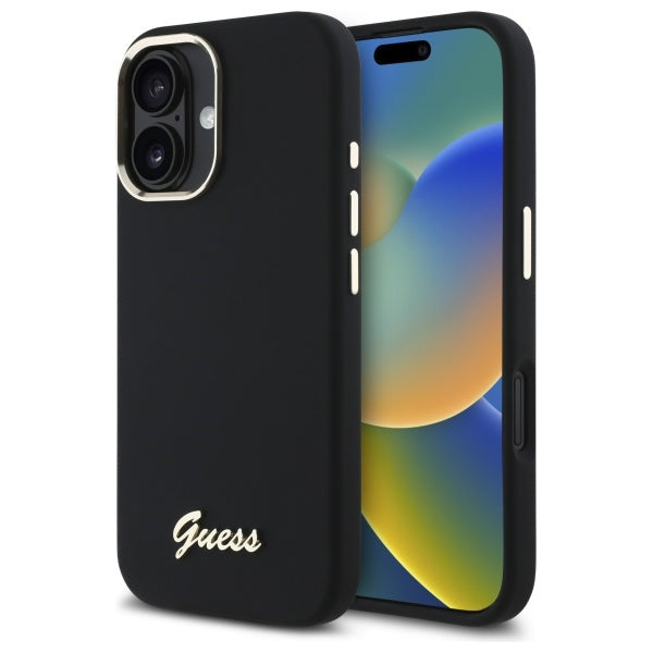 Guess Silicone Script Metal Logo &amp; Frame Case for iPhone 16 - Black