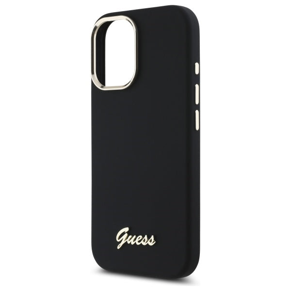 Guess Silicone Script Metal Logo &amp; Frame Case for iPhone 16 - Black