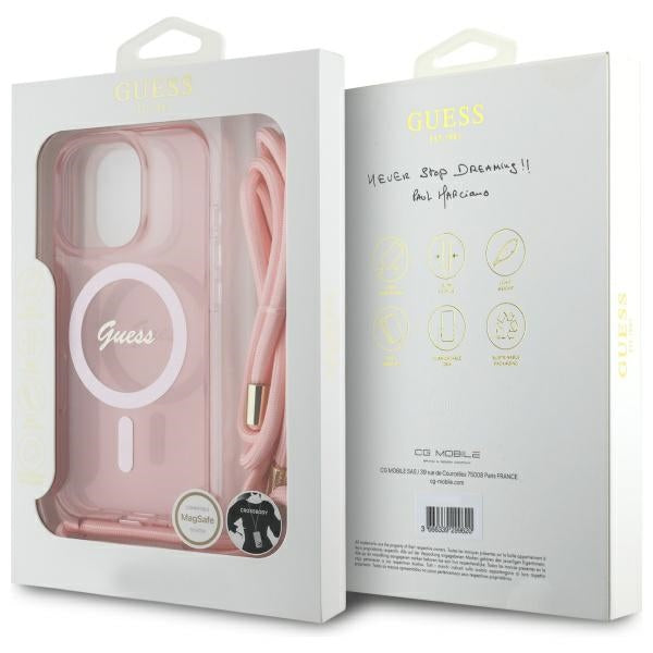 Guess Crossbody Cord Script MagSafe Case for iPhone 16 Pro - Pink