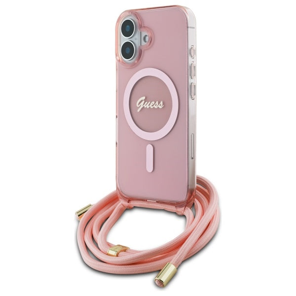Guess Crossbody Cord Script MagSafe iPhone 16 Case - Pink