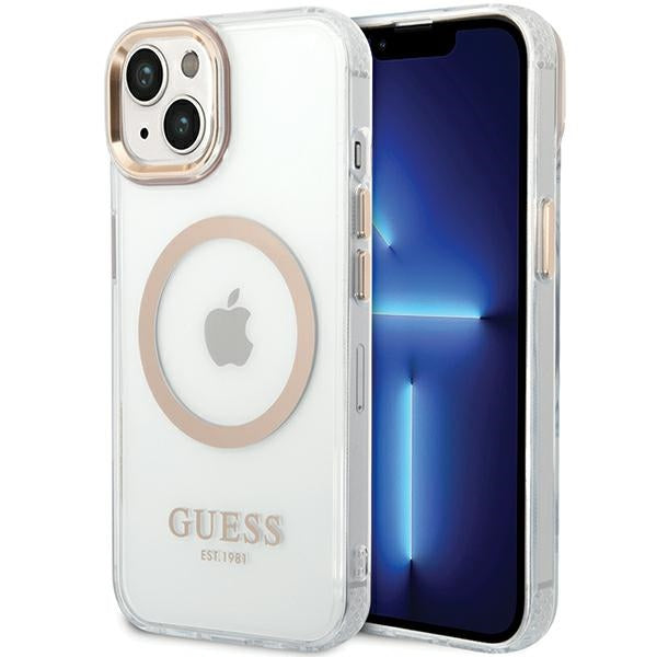 Guess Metal Outline MagSafe case for iPhone 15 Plus / 14 Plus - gold