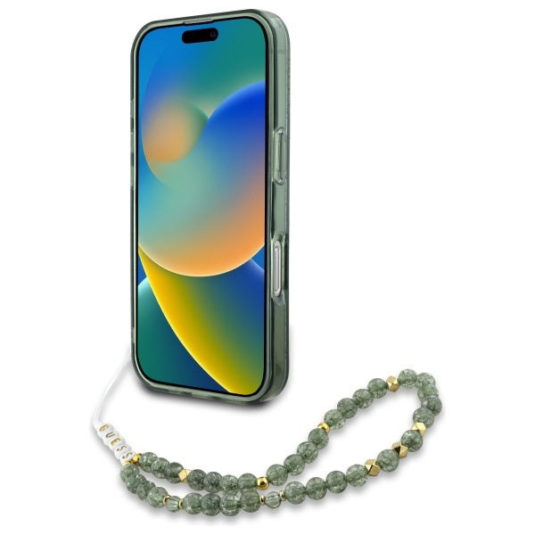 Guess IML Flowers Allover Electro With Pearl Strap MagSafe case for iPhone 16 Pro Max - green