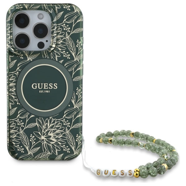 Guess IML Flowers Allover Electro With Pearl Strap MagSafe case for iPhone 16 Pro Max - green