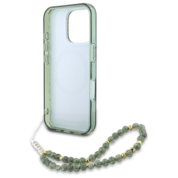 Guess IML Flowers Allover Electro With Pearl Strap MagSafe case for iPhone 16 Pro Max - green