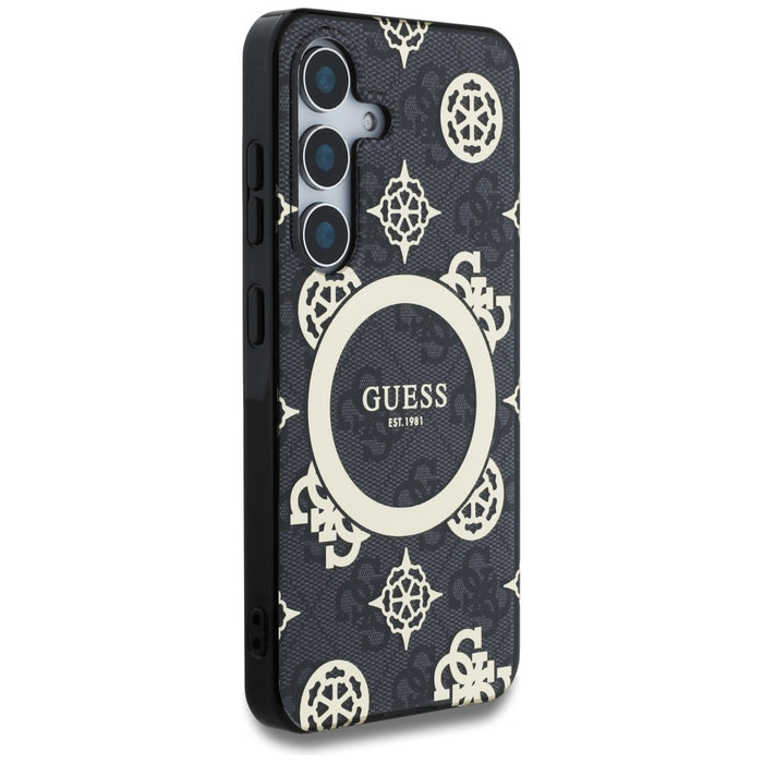 Guess 4G Background Gold Electroplated Peony Pattern MagSafe case for Samsung Galaxy S25 black