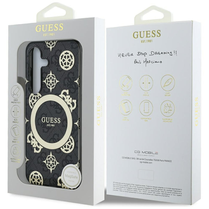 Guess 4G Background Gold Electroplated Peony Pattern MagSafe case for Samsung Galaxy S25 black