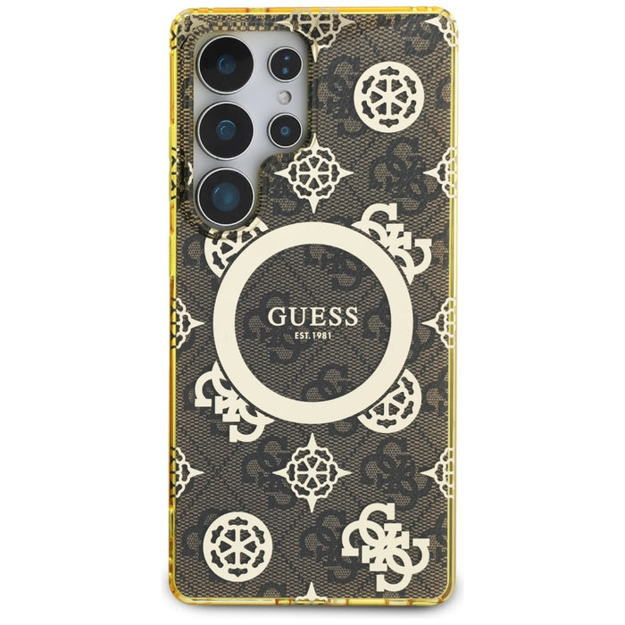 Guess 4G Background Gold Electroplated Peony Pattern MagSafe Case for Samsung Galaxy S25 Ultra Brown