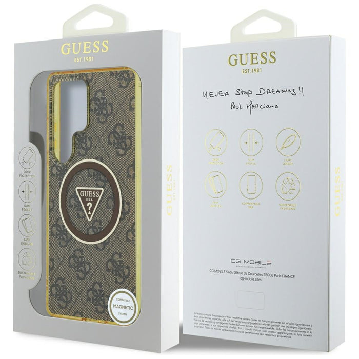 Guess 4G Glitter Triangle Buttons MagSafe Case for Samsung Galaxy S25 Ultra Brown