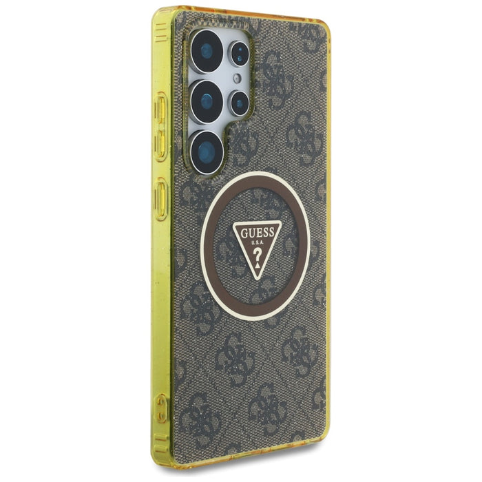 Guess 4G Glitter Triangle Buttons MagSafe Case for Samsung Galaxy S25 Ultra Brown