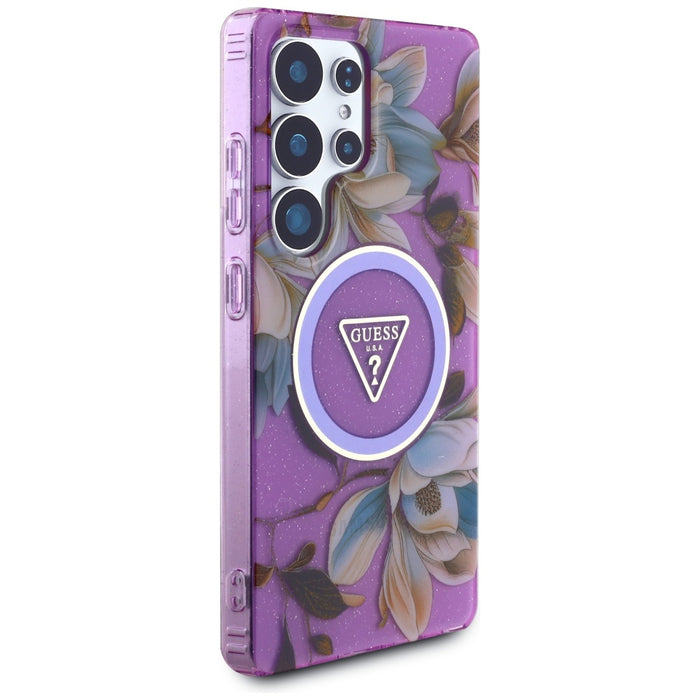 Guess Glitter Flowers Triangle Buttons MagSafe case for Samsung Galaxy S25 Ultra - purple
