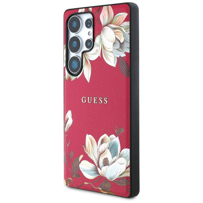 Guess Grained Printed Flower Pattern MagSafe Case for Samsung Galaxy S25 Ultra Fuchsia