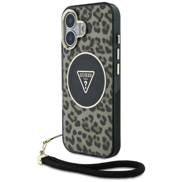 Guess HC IML Leopard Triangle Cord Strap MagSafe iPhone 16 Case - Brown
