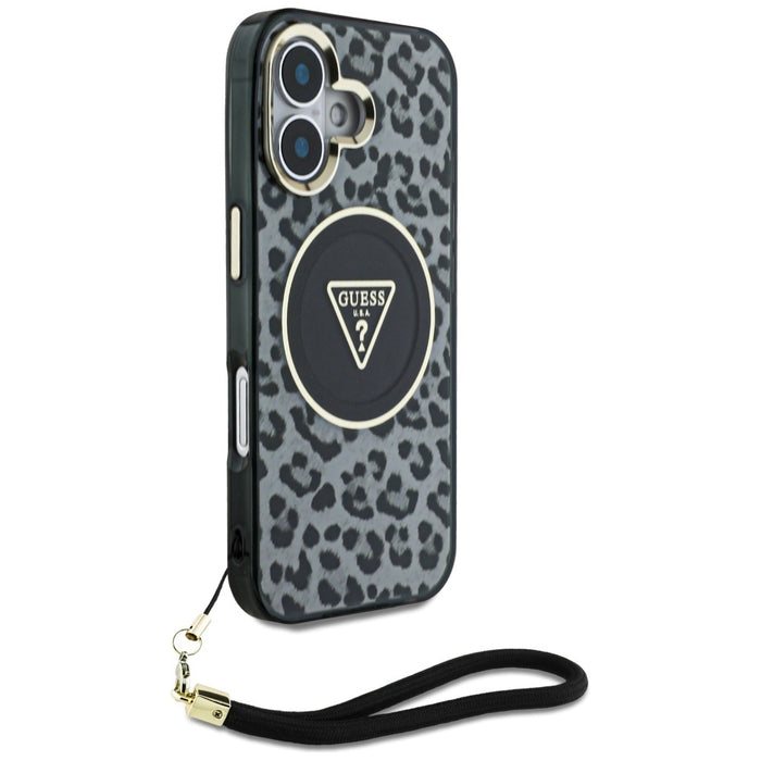 Guess HC IML Leopard Triangle Cord Strap MagSafe case for iPhone 16 - black