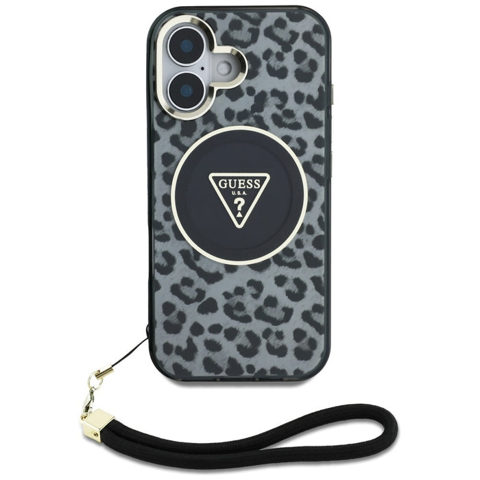 Guess HC IML Leopard Triangle Cord Strap MagSafe case for iPhone 16 - black