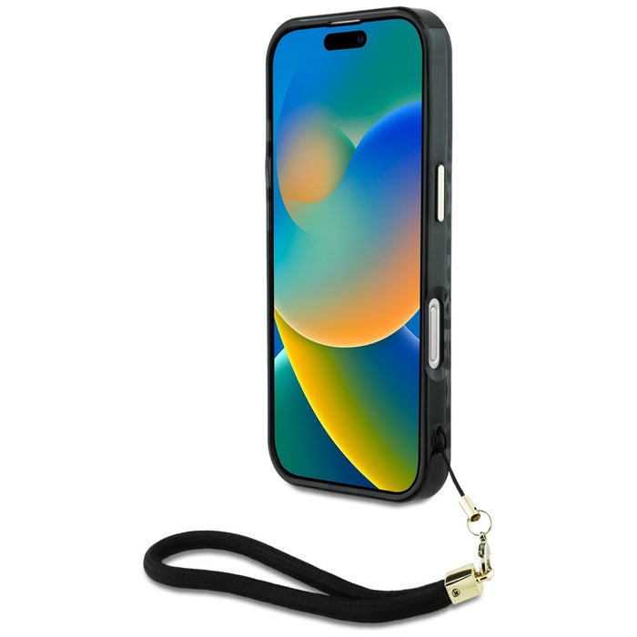 Guess HC IML Leopard Triangle Cord Strap MagSafe case for iPhone 16 - black