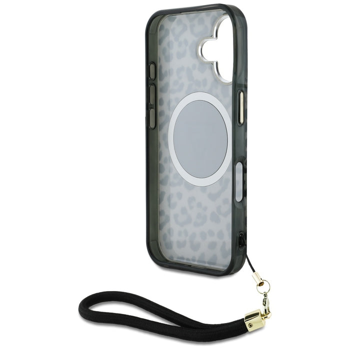 Guess HC IML Leopard Triangle Cord Strap MagSafe case for iPhone 16 - black