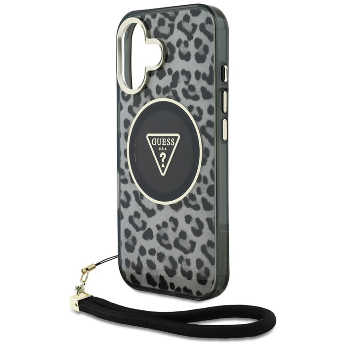 Guess HC IML Leopard Triangle Cord Strap MagSafe case for iPhone 16 - black