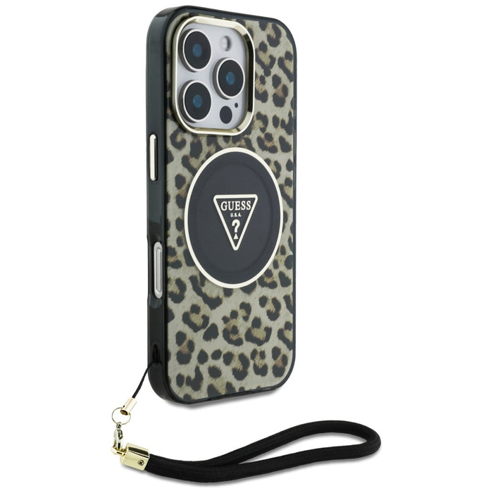 Guess HC IML Leopard Triangle Cord Strap MagSafe Case for iPhone 16 Pro - Brown