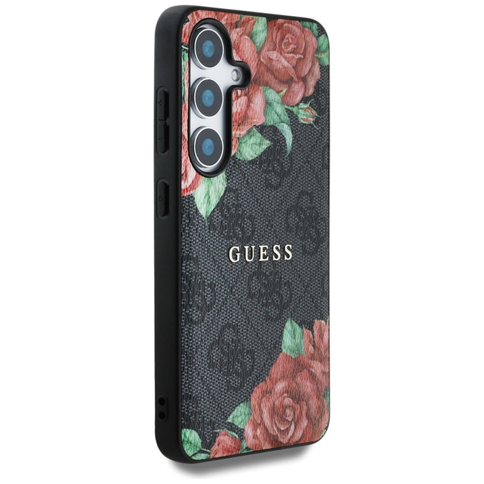 Guess Leather 4G Flowers Print Metal Classic Logo MagSafe Case for Samsung Galaxy S25 - Black