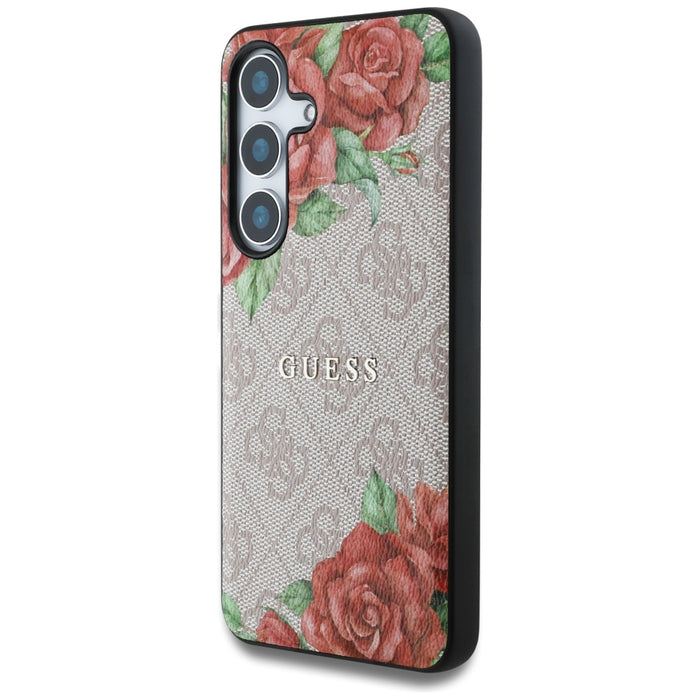 Guess Leather 4G Flowers Print Metal Classic Logo MagSafe Case for Samsung Galaxy S25 - Pink