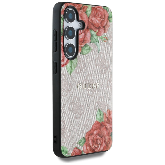 Guess Leather 4G Flowers Print Metal Classic Logo MagSafe Case for Samsung Galaxy S25 - Pink