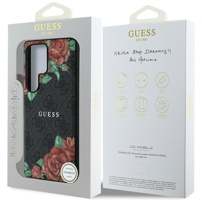 Guess Leather 4G Flowers Print Metal Classic Logo MagSafe Case for Samsung Galaxy S25 Ultra - Black