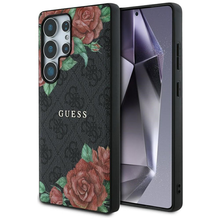 Guess Leather 4G Flowers Print Metal Classic Logo MagSafe Case for Samsung Galaxy S25 Ultra - Black