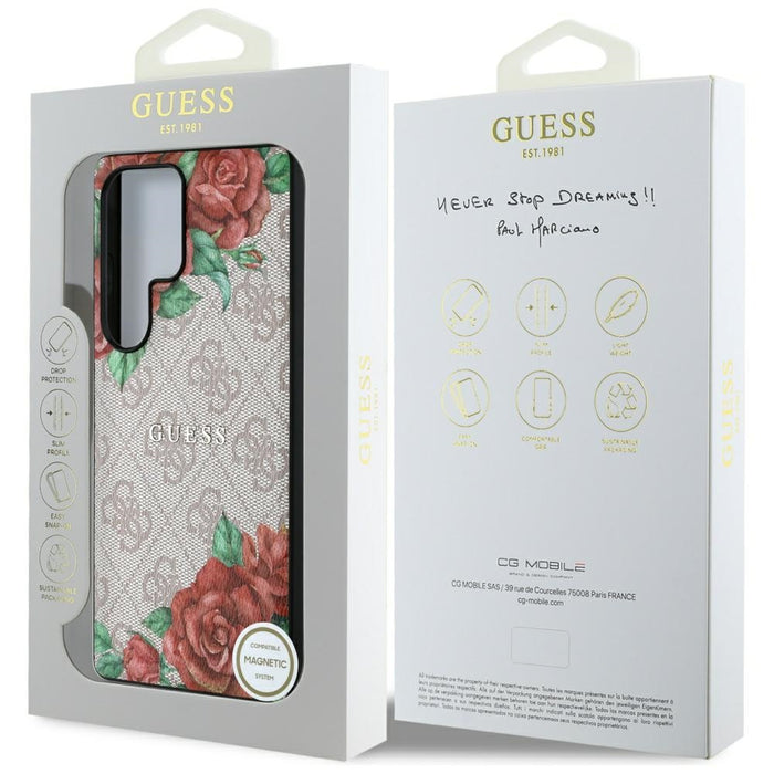 Guess Leather 4G Flowers Print Metal Classic Logo MagSafe Case for Samsung Galaxy S25 Ultra - Pink