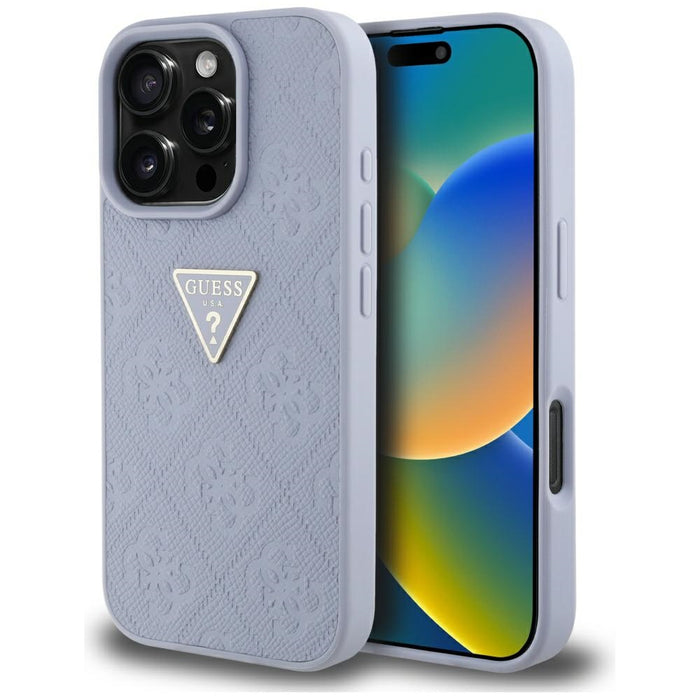Guess Hot Stamp 4G Pattern Triangle Metal Logo iPhone 16 Pro Case - Purple