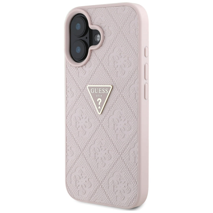 Guess Hot Stamp 4G Pattern Triangle Metal Logo iPhone 16 Case - Pink