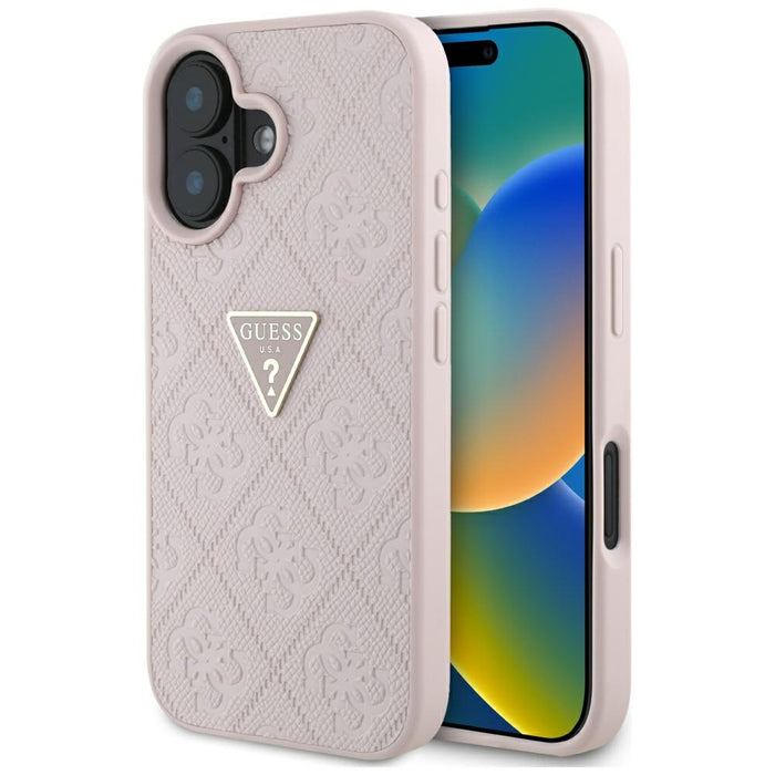 Guess Hot Stamp 4G Pattern Triangle Metal Logo iPhone 16 Case - Pink
