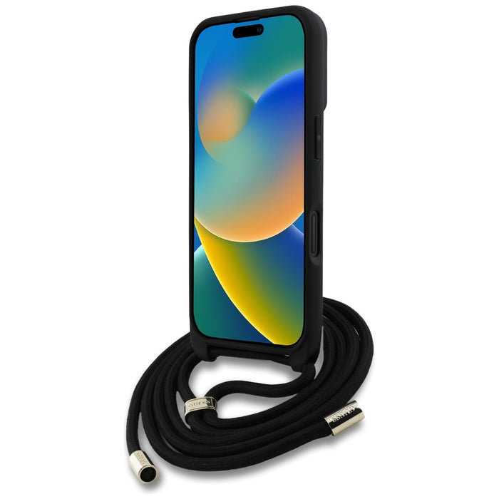 Guess 4G Big Logo Cord Stap Crossbody Case for iPhone 16 Plus Black