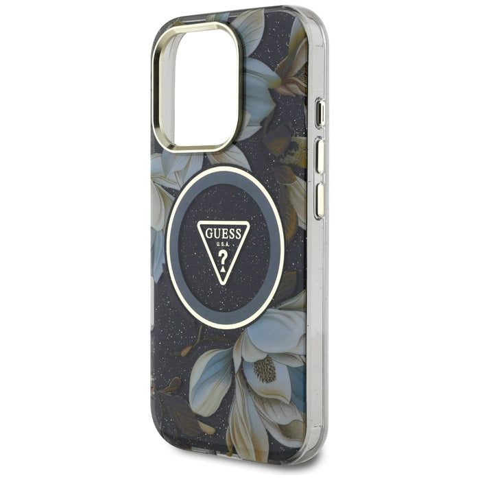 Guess Glitter Flowers Triangle Buttons MagSafe case for iPhone 16 Pro Max black