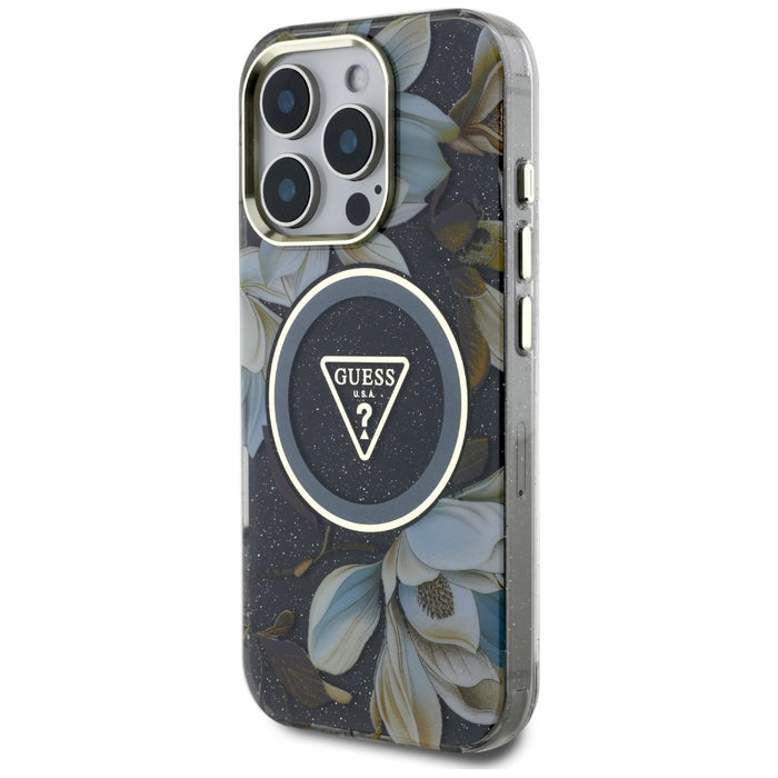 Guess Glitter Flowers Triangle Buttons MagSafe case for iPhone 16 Pro Max black