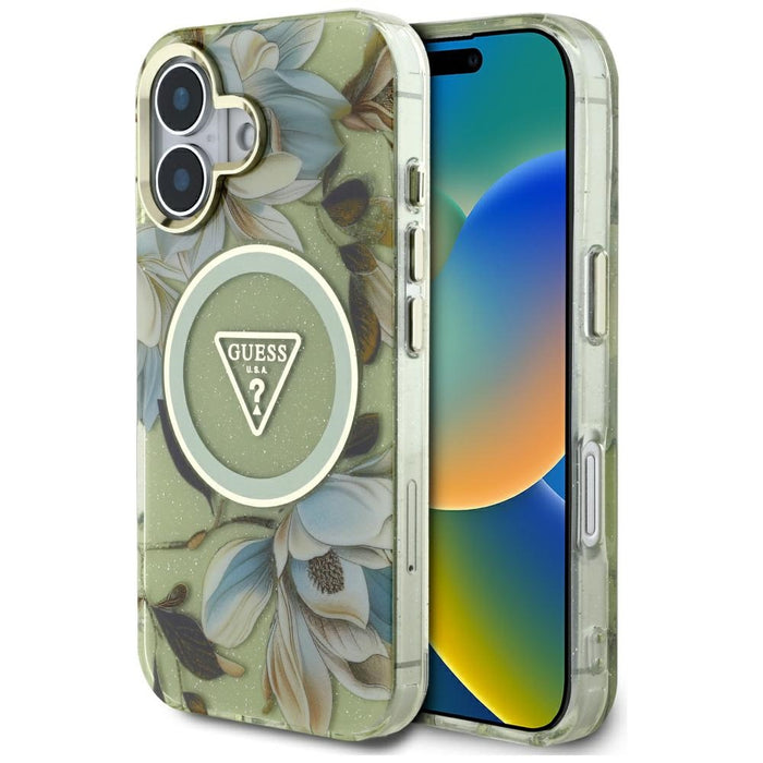 Guess Glitter Flowers Triangle Buttons MagSafe case for iPhone 16 green