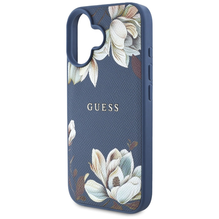 Guess Grained Printed Flower Pattern MagSafe case for iPhone 16 blue